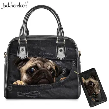 

Jackherelook 2Pcs 3D Denim Dog Print Handbag Wallet Pu Leather Shoulder Tote Creative Cowboy Pug Women Crossbody Messenger Bag