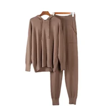 

Cashmere Casual Two Piece Knitted Carrot Pants & Hooded Sweater Women Autumn Winter Sets Female Tracksuits Harem Pant