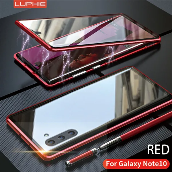 Red Роскошный чехол Luphie 360 с магнитным передним задним стеклом и двойным боковым стеклом для samsung Galaxy Note 10 Plus Note10+ магнитная откидная крышка - Цвет: Red