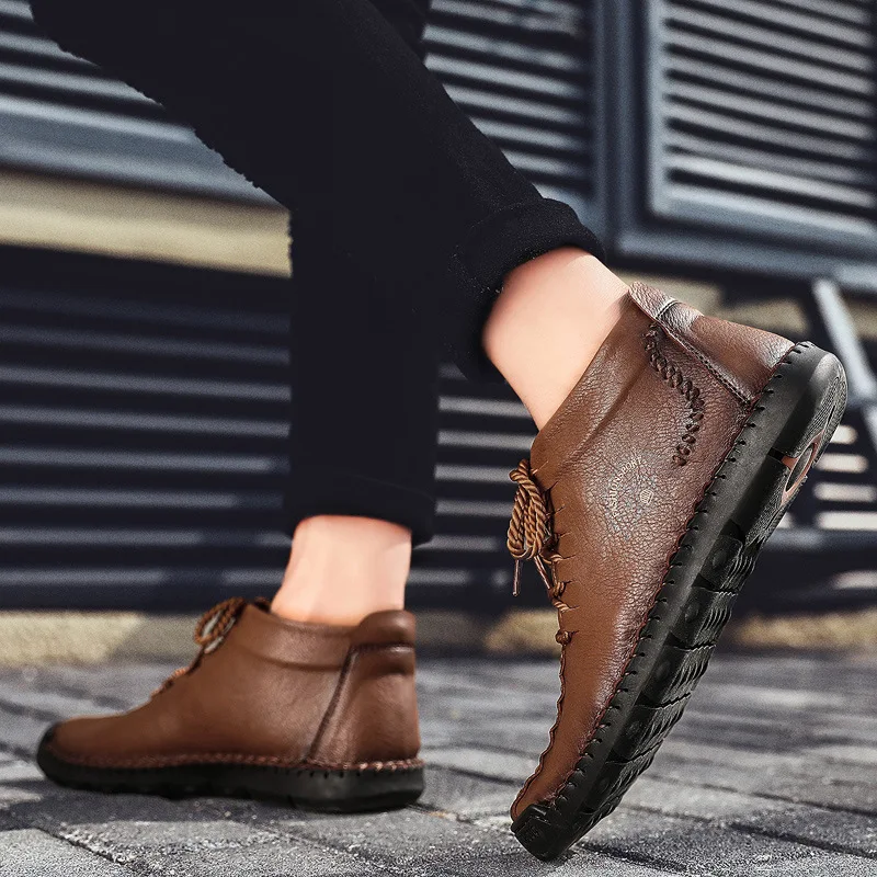 

Winter New Style Men's Hight-top Casual Handmade Stitching Leather Shoes England plus Velvet Large Size Short Boots Dunhuang