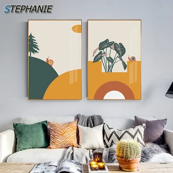 

Modern Cartoon Landscape Wall Poster Print Nordic Plant Canvas Painting Cute Wall Art Pictures for Bedroom Warm Color Decorative