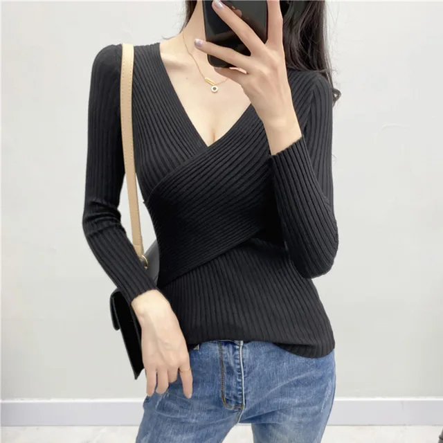 New Deep V Neck Sexy Sweater Women Long Sleeve Cross Rib Knit 5 Colors Woman Sweaters Pullovers Slim Ladies Tops Jumpers