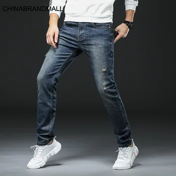 

Dms985 # Elastic Force Hole Handsome Big Size Jeans Male Straight Cylinder Slim Fit Fat Man Male Pants 30-48