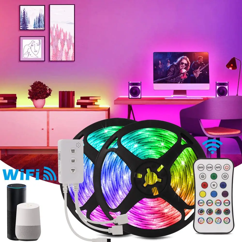 

RGB Dimmable LED Light Strip for Room Kitchen Diode Ribbon Tape WiFi App Control with Alexa/Google Assistant Flexible Neon 5050
