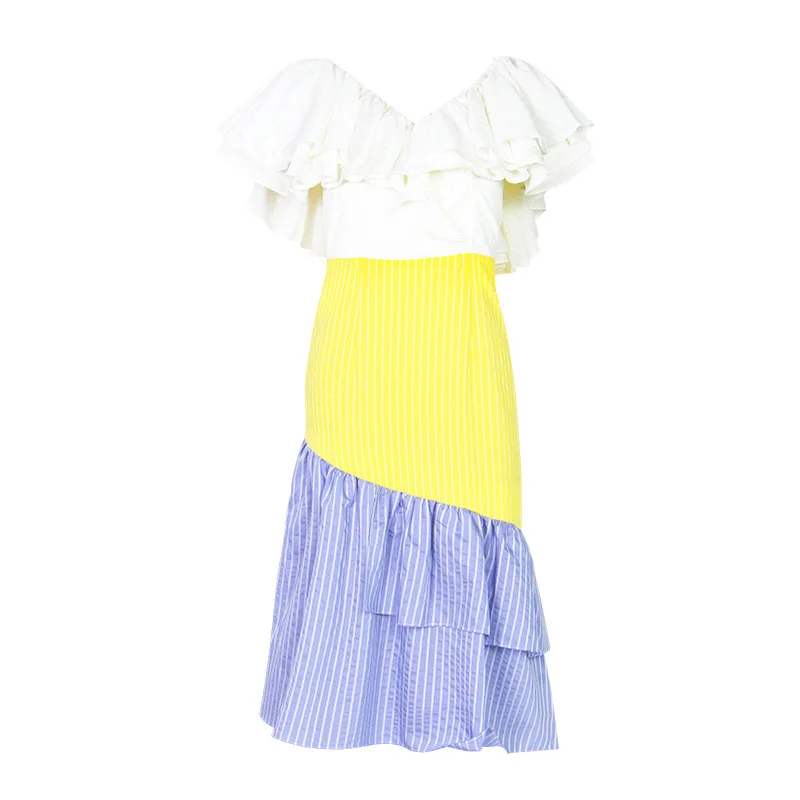 Retro Patchwork Striped Women Dress V Neck Ruffled Sleeve Beach Bodycon Female Elegant Slim Sleeveless Long Dresses Vestidos