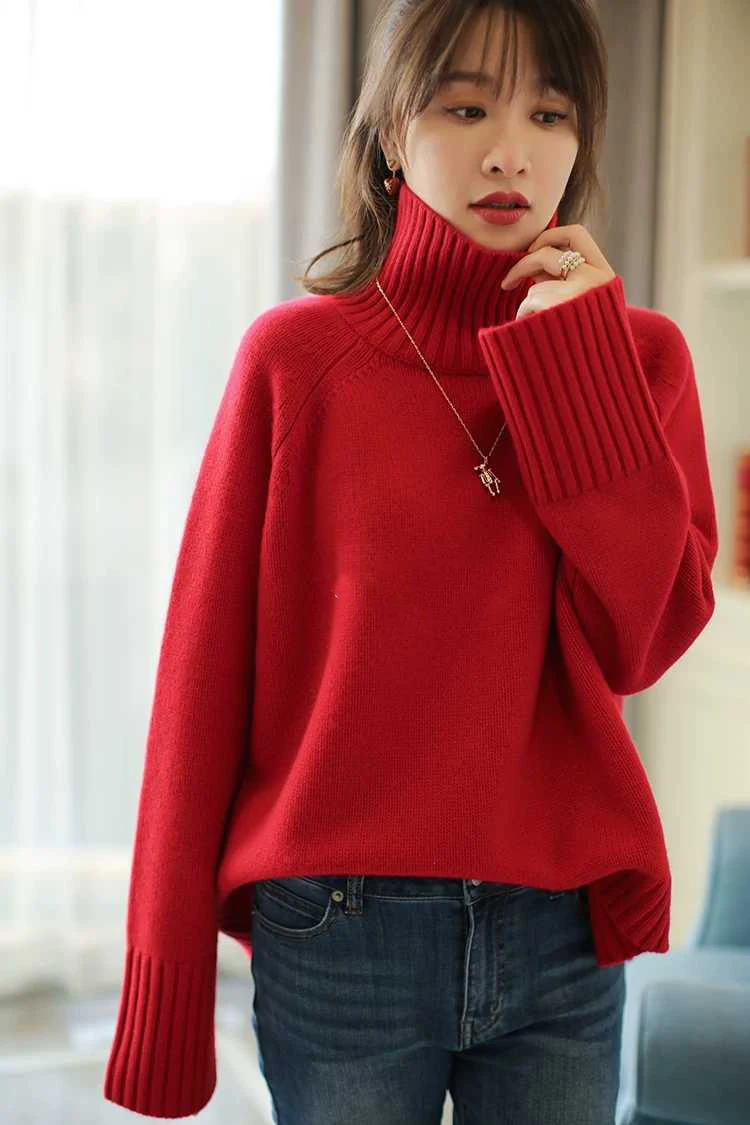 Autumn and winter thickened cashmere sweater women loose turtleneck loose large size solid color knit bottom 2