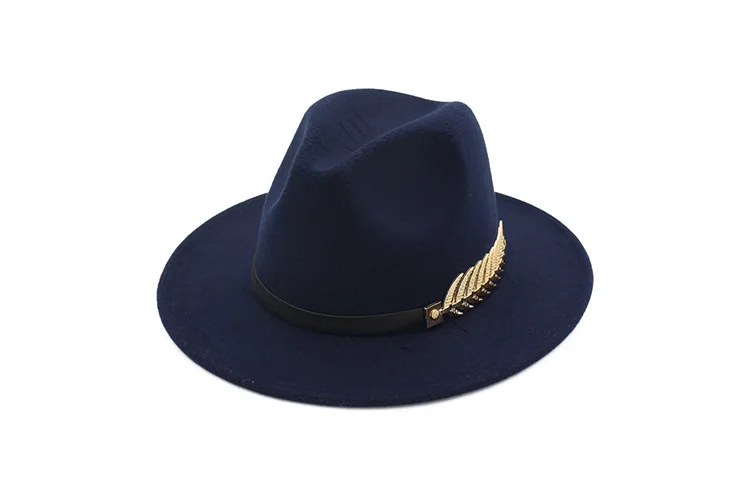 New Fashion Design Women Warm Winter Wool Metal leaf Belt Fedora Cap Wide Brim Cowboy Hat AD0779 - Цвет: Navy Blue