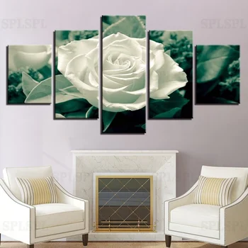 

Canvas Paintings Home Decor HD Prints Pictures 5 Pieces Green Leaves White Rose Flower Poster For Living Room Wall Art