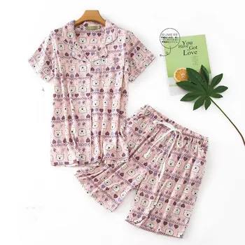 

Cute Cotton Women's pajama sets pink color with cartoon bears high quality brief sweet pyjamas for ladies