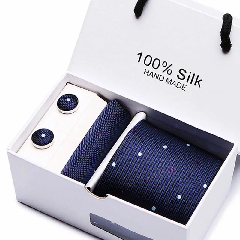 

7.5cm Wide Business Office Men's Wedding Arrow Dot plaid Jacquard Men Tie Handkerchief Cufflinks Gift Box Packaging