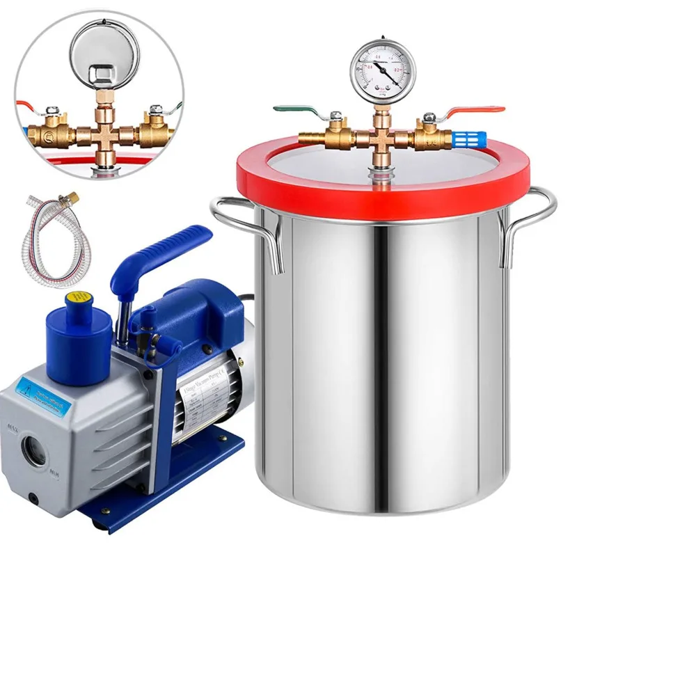 Stainless Steel 2-6Gallon + Vacuum Pump Degassing Silicone Defoaming Deaeration Vacuum Chamber Sealer Kit rotary vane vacuum pump