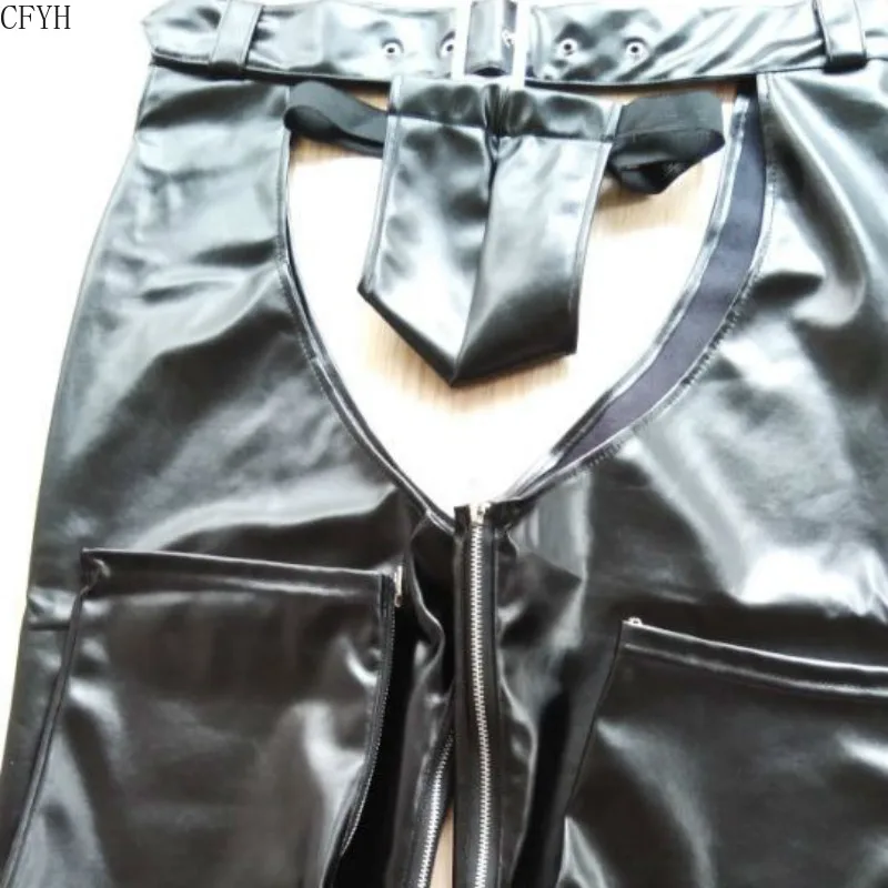 Sexy Men PU Leather Open Crotch Erotic Latex Pants Adjustable Belt Buckle Zipper Side Trousers Hollow Out Long Pants Club Wear