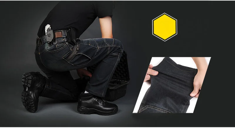 Mcikkny High Quality Men Cargo Tactical Jeans Pants Motorcycle Elastics Waist Denim Trousers For Male Multi Pockets  (6)