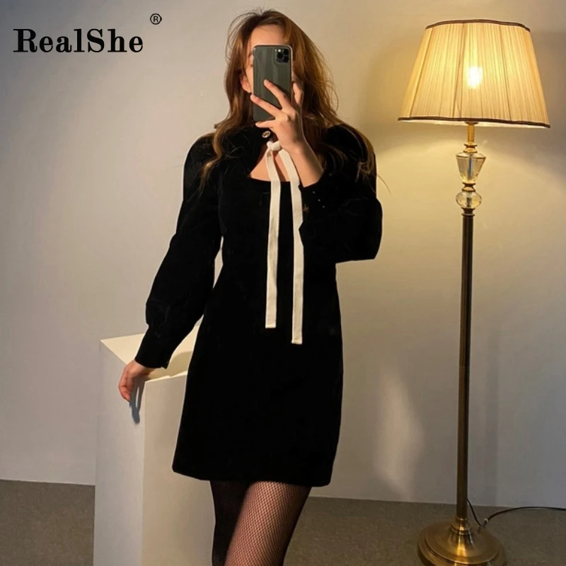 RealShe женское элегантное платье 2020 с квадратным воротником и пышными рукавами