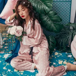 Print Fashion Women Pajama Set Sweet Lace Cuff Trousers Long Sleeve Suit Pyjamas