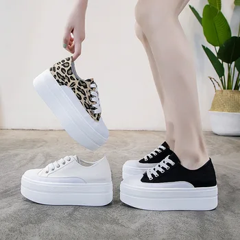 

Leopard pattern shallow mouth breathable canvas shoes thick bottom vulcanized shoes casual increase women's shoes FS-14