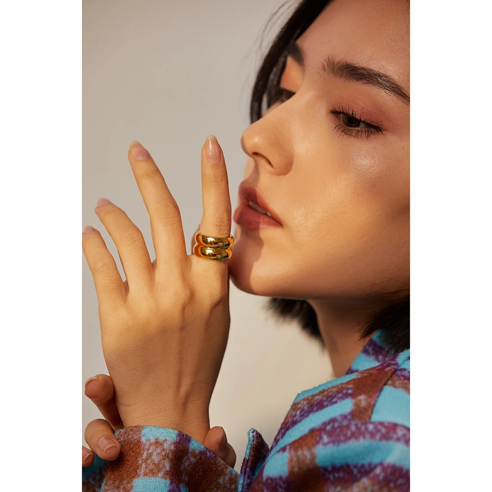 Yhpup 세련된 스테인레스 스틸 계층화 된 금속 질감 반지 서양 간단한 18k 골드 도금 손가락 여성 보석 кольцо женское