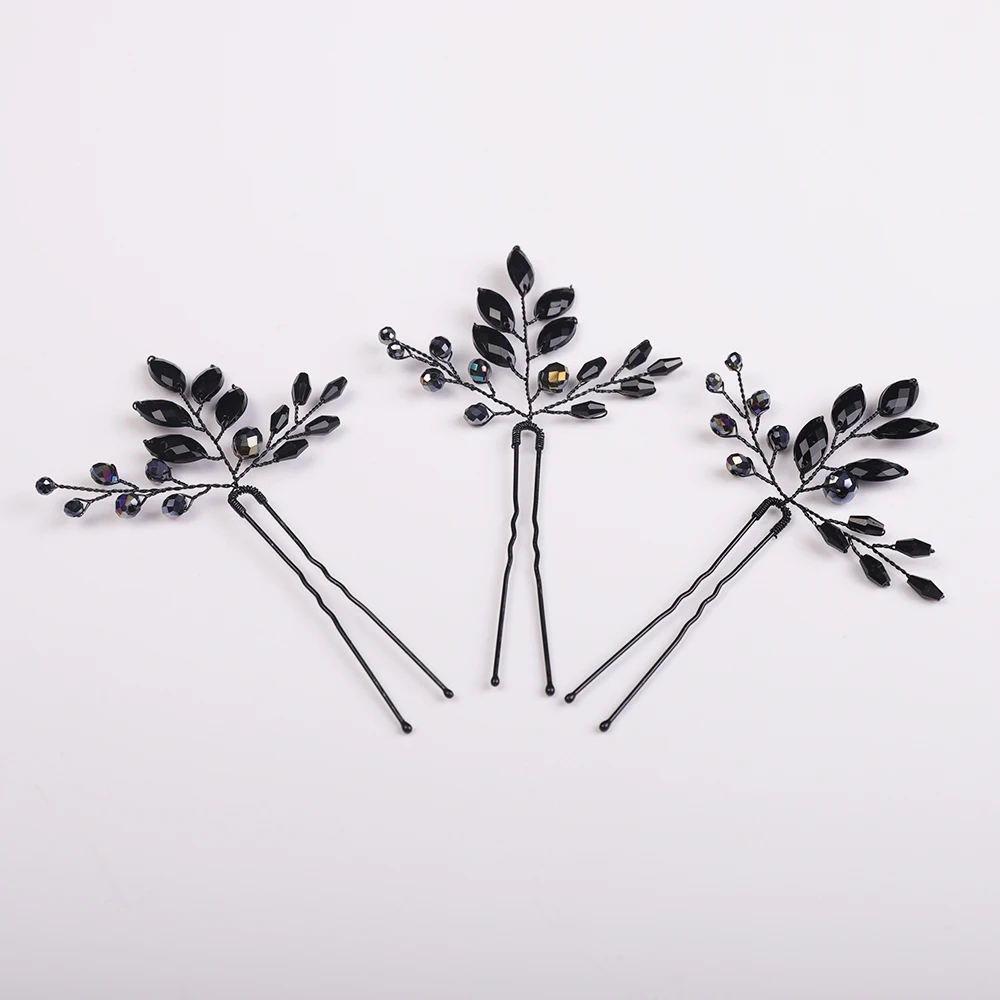 Bridal Hair Accessories Women Black Crystal Hairpins