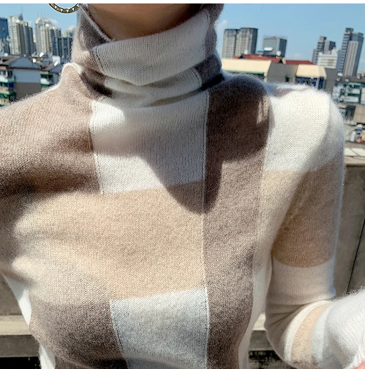 cropped sweater New Cashmere Sweater Women's High-Neck Color Matching 100% Pure Wool Pullover Fashion Plus Size Warm Knitted Bottoming Shir black cardigan