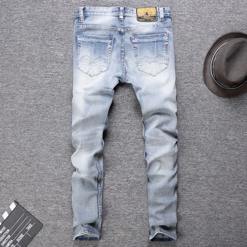 2019 New Style Designer Men Jeans Fashion Streetwear Light Blue Color Slim Fit Buttons Classical Jeans Men Pants