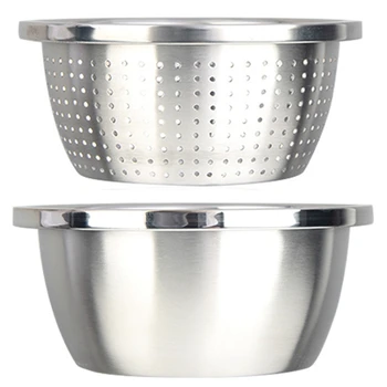 

2PCS Thickened Stainless Steel Basin for Home Use Kitchen Egg Beater and Noodle Soup Drain Bowl Vegetable Sink Set