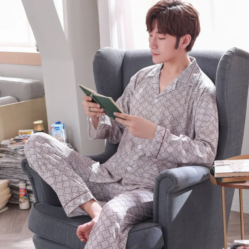 

Men Pajamas Long Sleeve Pure Cotton Spring And Autumn Cardigan Plaid Casual Tracksuit Men's Autumn Set 5658