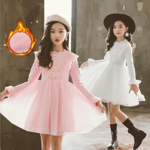 Утепленное платье для девочек розового и белого цвета на зиму, платья с длинными рукавами для малышей, осенне-осенние детские праздничные платья на свадьбу для детей 4, 6, 8, 10, 12 лет