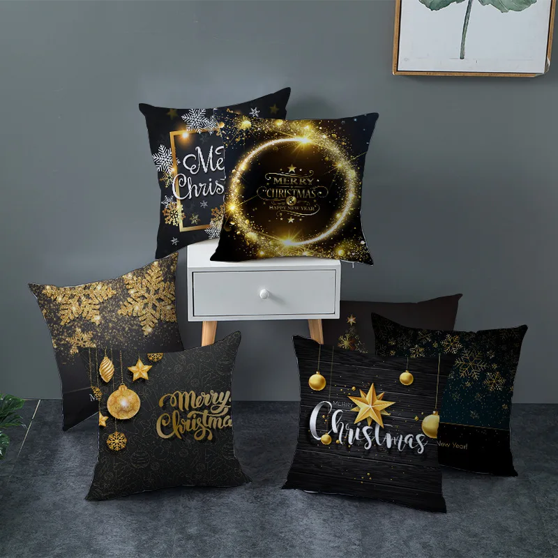 Christmas Decorations for Home Gold Black Snowflake Elk Cushion Cover Navidad Xmas Ornaments New Year Christmas Gift