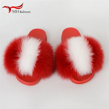 

Real Fox Fur slippers Home Cute Furry Flat Sandals Indoor ladies platform shoes summer Luxury Fur Slides womens size 36-45