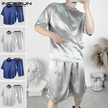 

Man Casual Sleepwear Men Summer Solid Color Home Wear Mens Pajamas Short Sleeve Round Neck Loose Shirts Elastic Shorts Plus Size