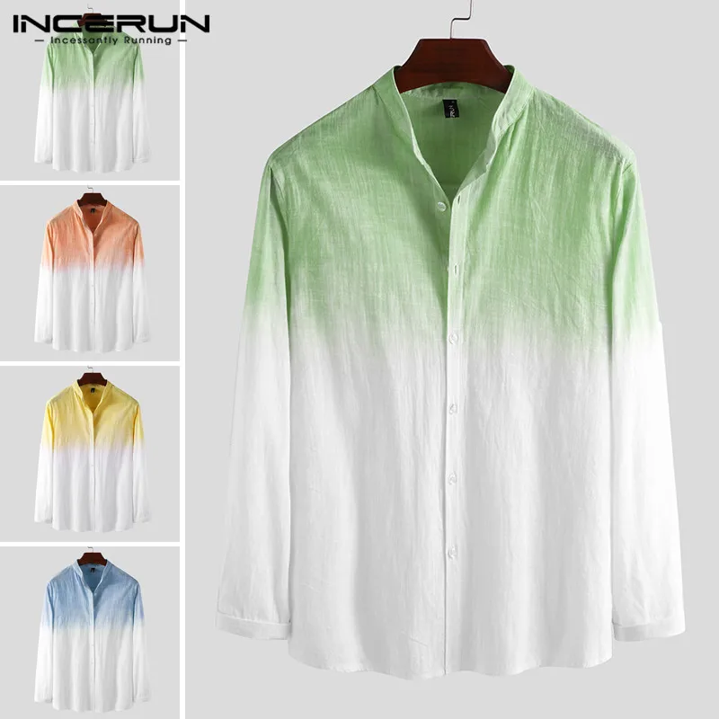 

INCERUN Fashion Mens Shirt Long Sleeve Gradient Lapel Hanging Dyed Streetwear Cotton Brand Camisa Button Casual Shirt Men 2019 7