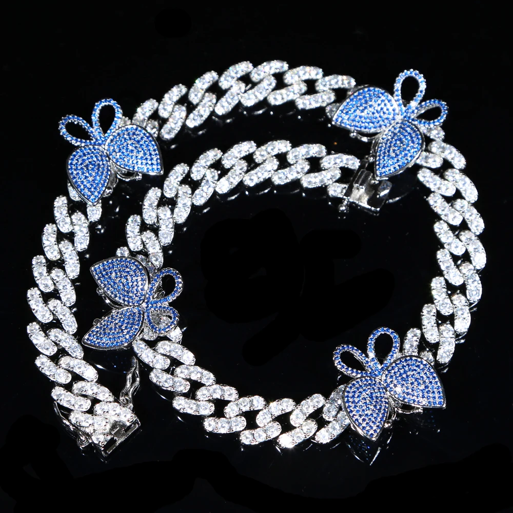 12MM Cz Miami cuban link chain pink butterfly choker necklace hip
