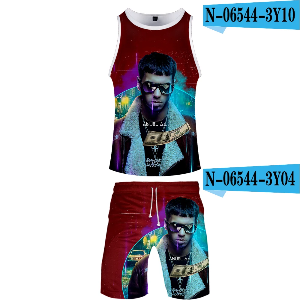 Anuel AA, Мужская майка, спортивные штаны, костюмы, 2 шт., жилет, штаны, повседневные, для фитнеса, Harajuku, спортивный костюм, одежда, 3D, настоящая, Hasta La Muerte - Цвет: one