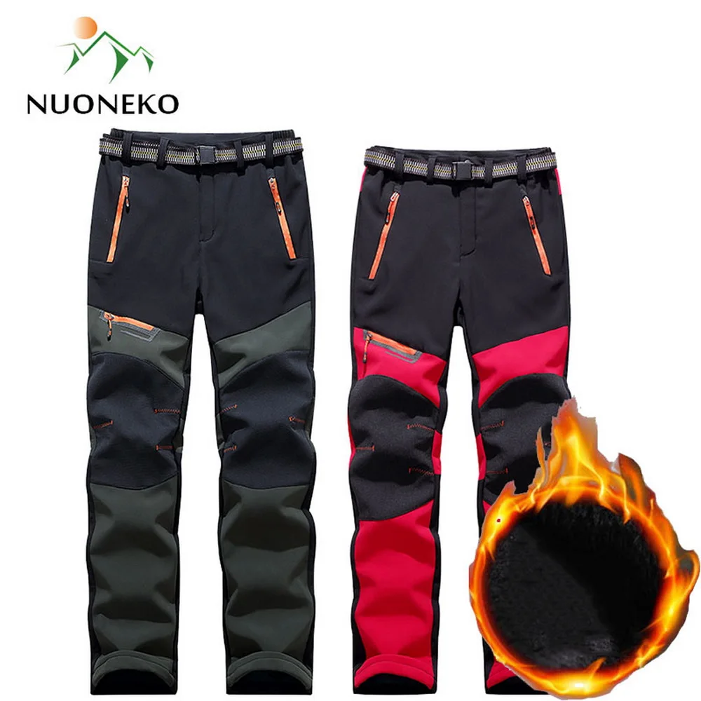 NUONEKO Softshell Hiking Pants Women Mens Winter Warm Fleece Pants Sport Outdoor Skiing Camping Trekking Waterproof Hombre PM38