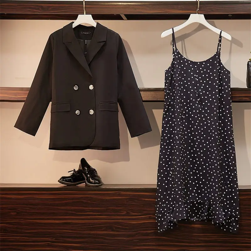 Осенний Блейзер, комплект с платьем, большой размер, женские комплекты из двух предметов, однотонная куртка и сарафан, без рукавов, с принтом в горошек, Vestidos f1576 - Цвет: black