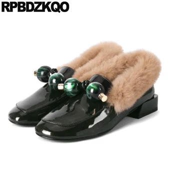 

fur slip on large size designer shoes women luxury 2019 square toe winter chinese flats patent leather 10 black female green