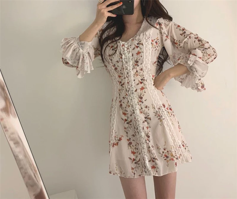 Lace Chiffon Mini Dress Women New Arrivals V-neck Lace Up Slim-fit Floral Print Flared Sleeve Dresses Sweet Sexy Female Spring A