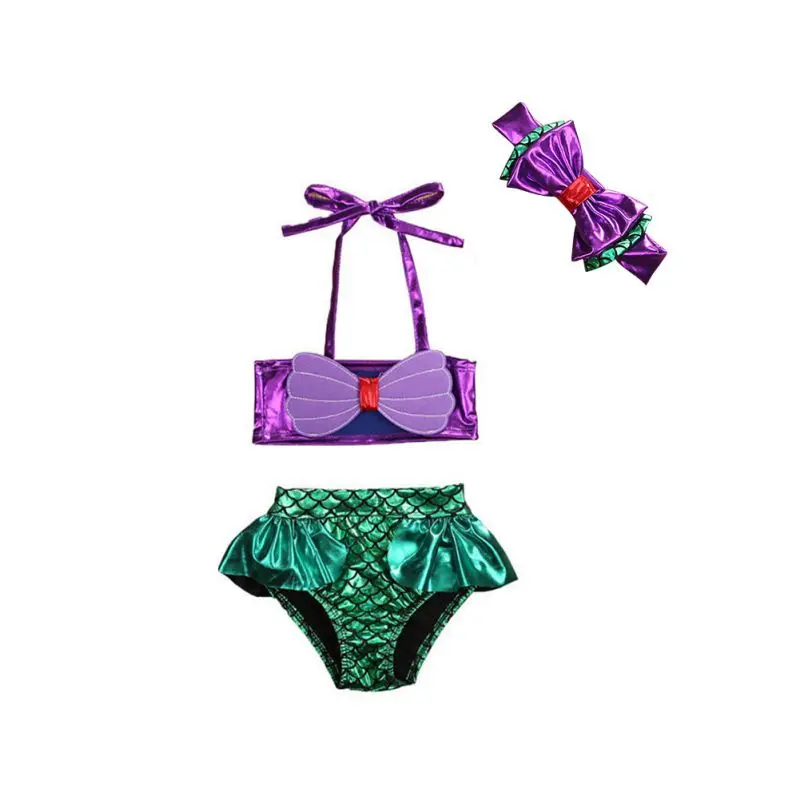 

3Pcs/set Baby Girl Summer Sleeveless Bow Headband+ Camisole+Fish Scale Sequin Ruffled Pants Swimsuit Fashion Swim Set