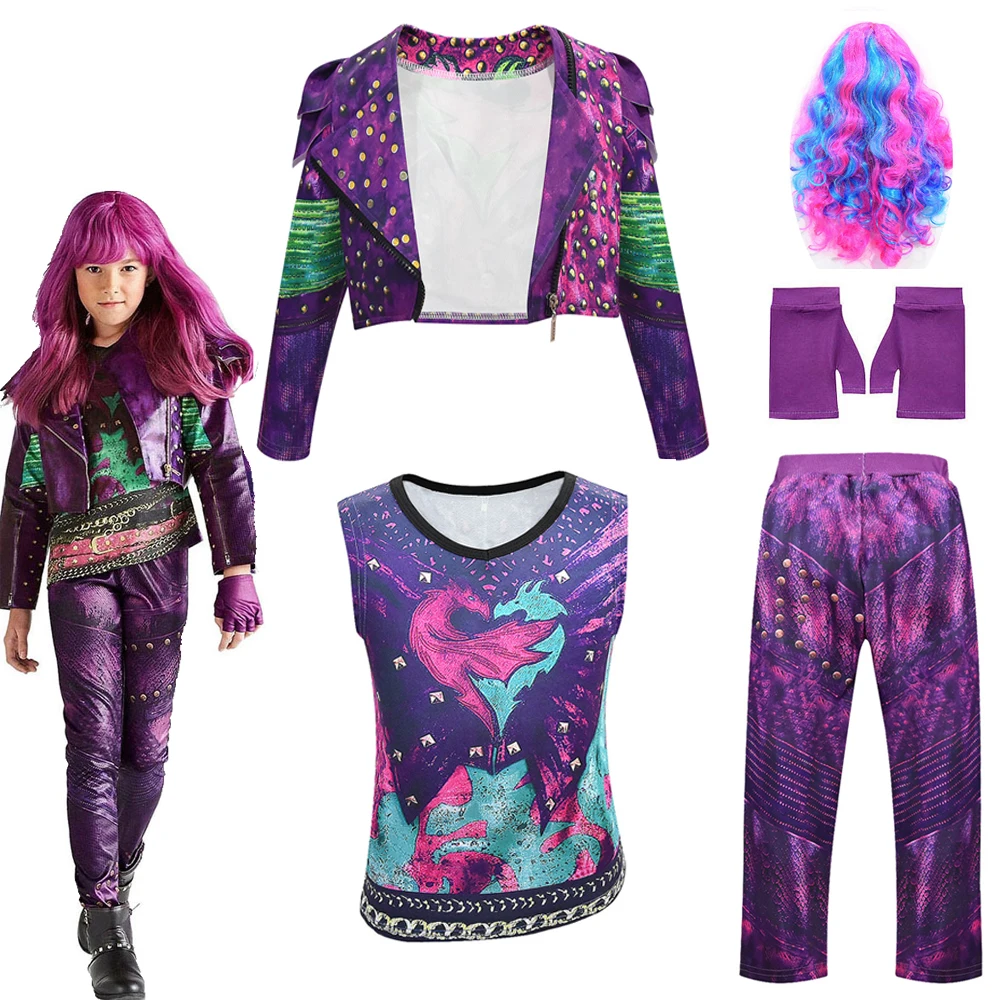 

2020 New Anilnc Descendants 3 Jacket Evie Deep Purple Long Wave Wig Child Role Playing Jacket Vest Pants Children Halloween Set