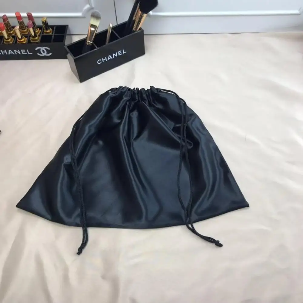 Large Silk Satin Drawstring Care Bag Custom Wigs Storage Dust Proof Packaging Pouch Black Reusable Sack Handbag Shoes Travel Bag 