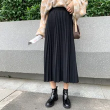 Модная женская плиссированная юбка с высокой талией, осенняя зимняя Свободная юбка, однотонная повседневная юбка средней длины