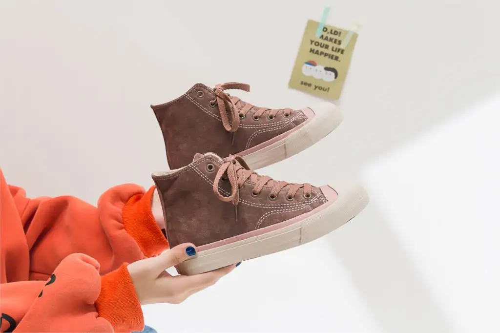 Winter Plush High-Top Women Canvas Shoes Comfortable Flat Warm Breathable Flock Shoes Winter New Fashion Trendy Shoes Women