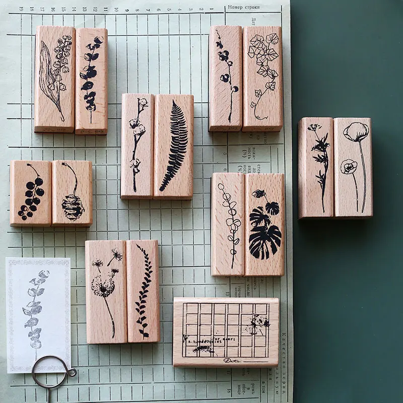 Rubber stamp vintage japanese art botanic flower plants decoration wooden mounted paper craft gift self-made design stempel ex-libris