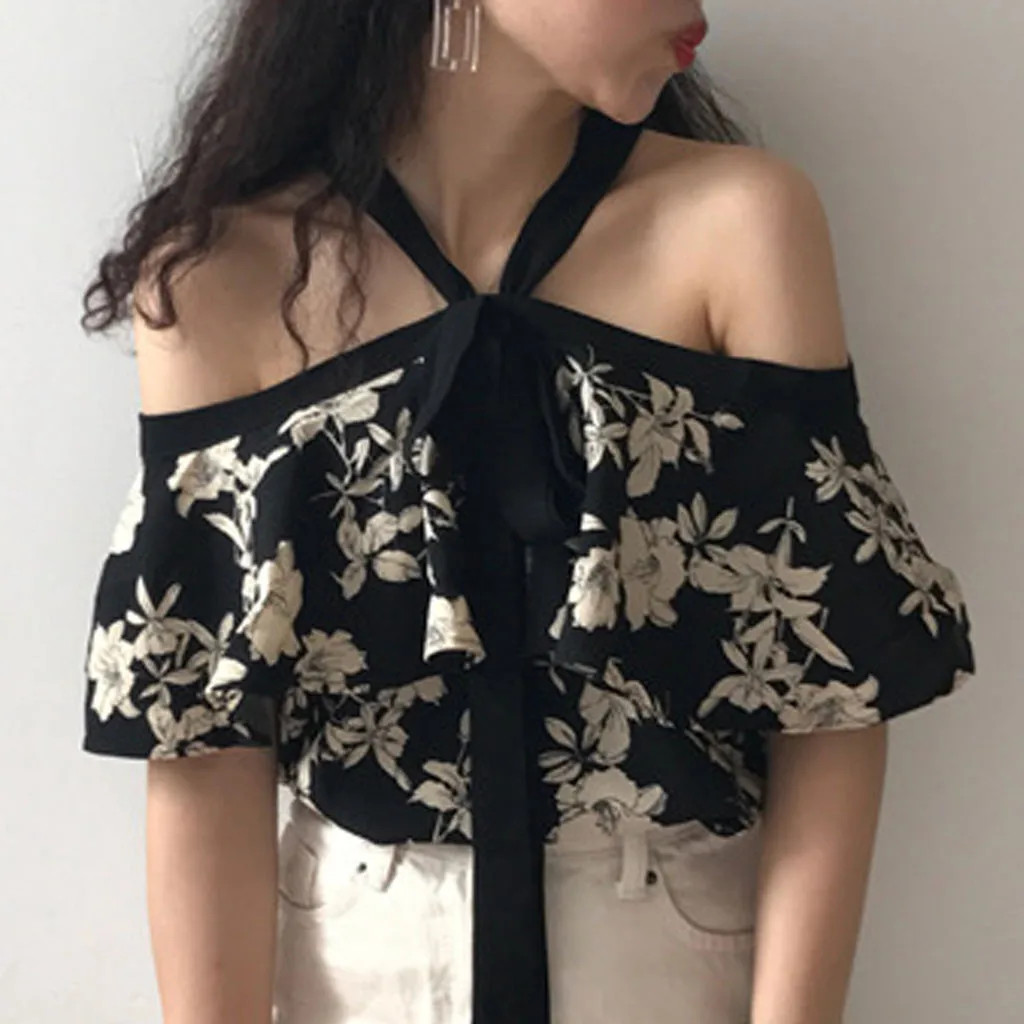 Fashion Floral Chiffon Blouse Shirt Off Shoulder Casual Summer Ladies Sexy Halter Tops Female Women Short Sleeve Blusas | Женская одежда