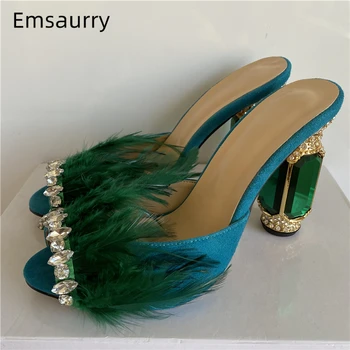 여성용 보석 크리스탈 깃털 하이힐 샌들, 럭셔리 라인스톤 다이아몬드 힐, 엿보기 토 스웨이드 신발