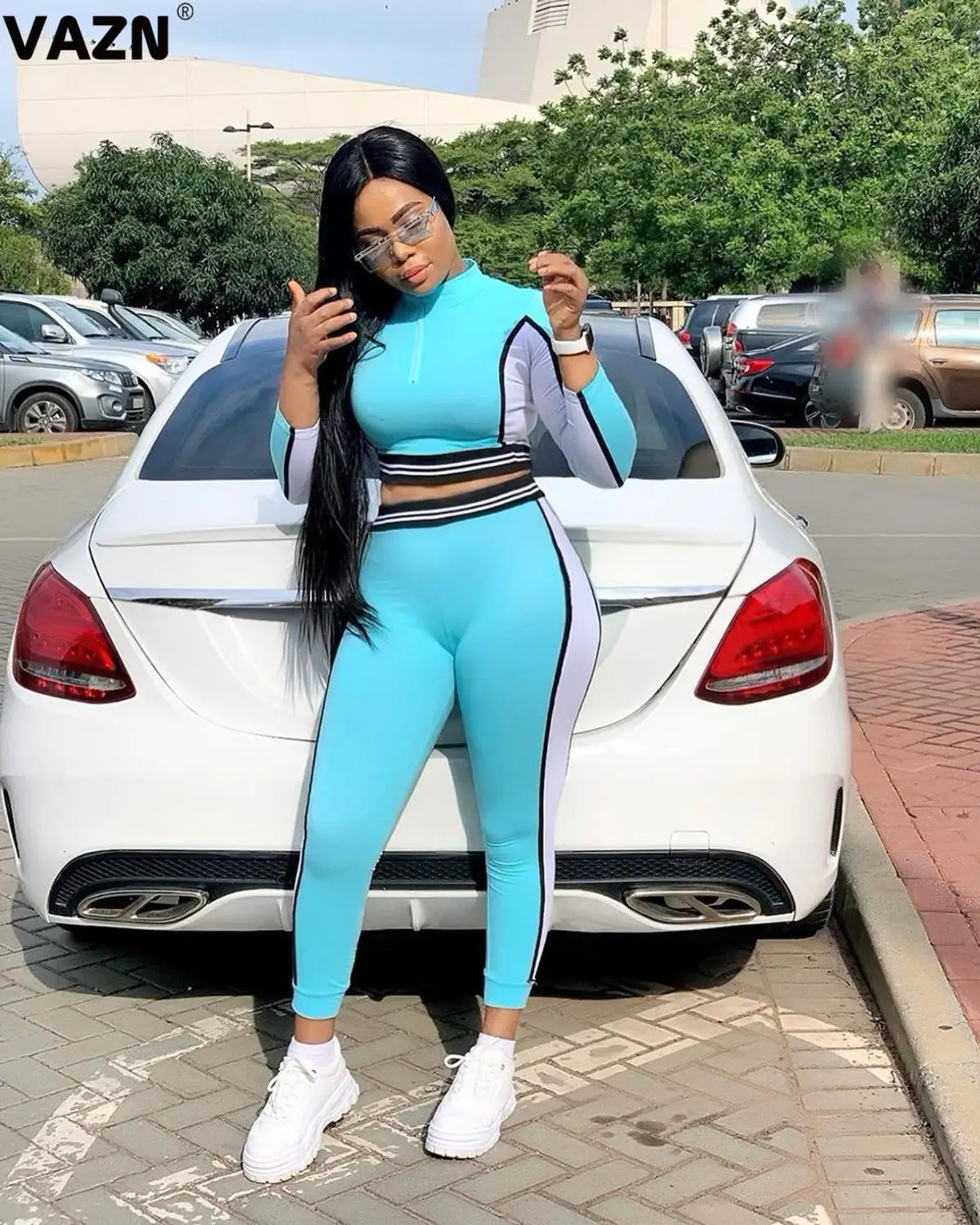 

VAZN CQ5272 New Color Print Sexy Party Light Blue Full Sleeve Long Pants Elastic Women 2 Piece Set