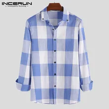 INCERUN модная мужская классическая клетчатая рубашка Осенняя блуза с длинными рукавами и отворотом Брендовые повседневные мужские рубашки для фитнеса Camisa уличная одежда