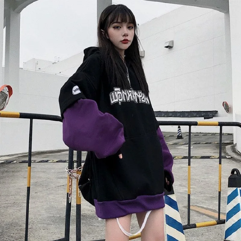 

Y2K Oversize Letter Printed Women Hoodies Sweatshirt Stree Style Patchwork Ladies Pullover 2021 Autumn Plus Size Female Clothing