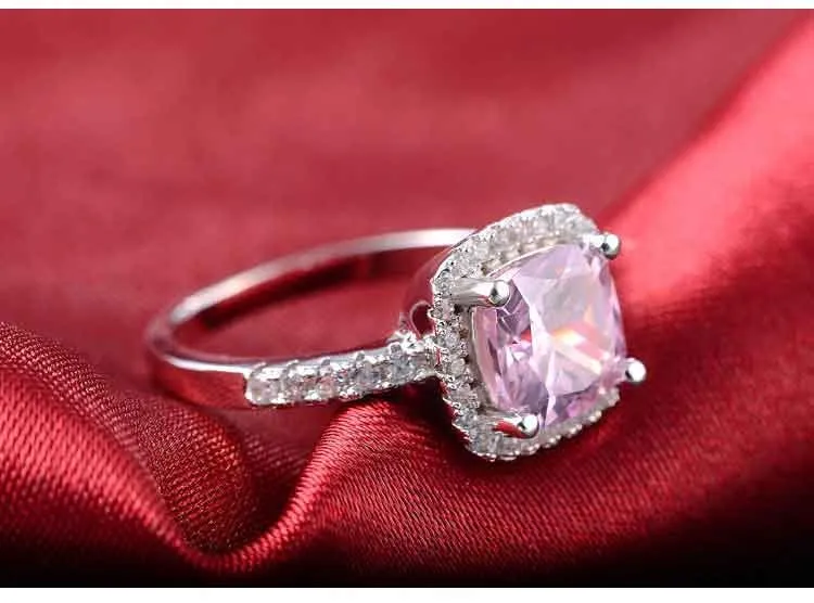 925 Sterling Silver cushion cut zircon Jewelry set Engagement ring stud earring for women gift size 11,12,13 J1099-pink - Image 3