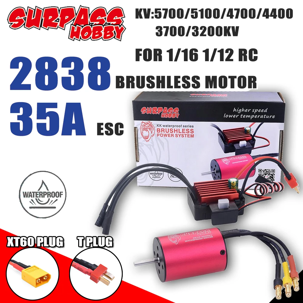 SURPASS HOBBY COMBO 2838 Waterproof Brushless Motor XT60 Plug with 35A ESC for 1/16 1/14 1/12 RC Car Wltoys Buggy Truck Drift | Игрушки и